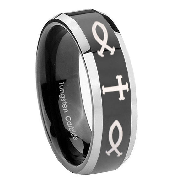 8mm-Fish-&-Cross-Beveled-Edges-Glossy-Black-2-Tone-Tungsten-Custom-Ring-for-Men