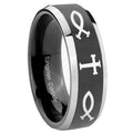 8mm Fish & Cross Beveled Glossy Black 2 Tone Tungsten Ring
