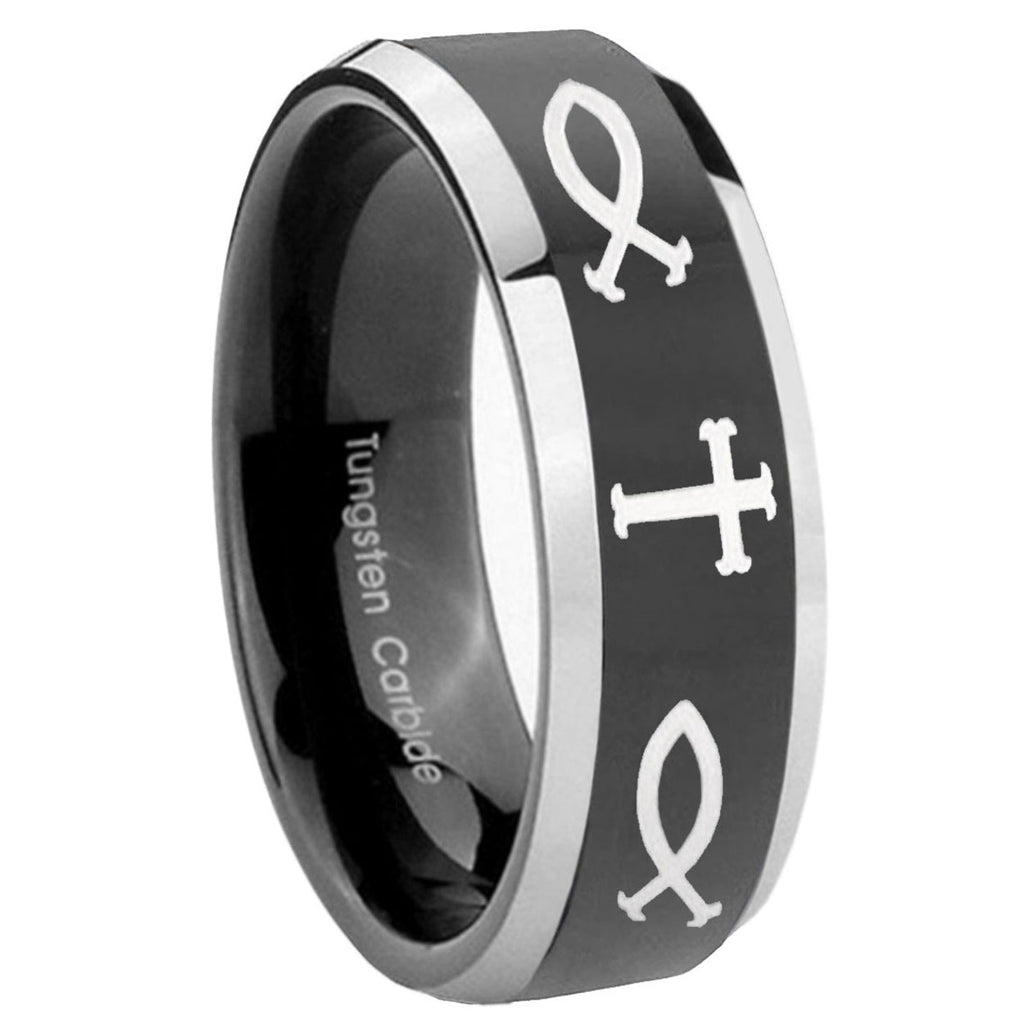 10mm Fish & Cross Beveled Edges Glossy Black 2 Tone Tungsten Mens Wedding Ring