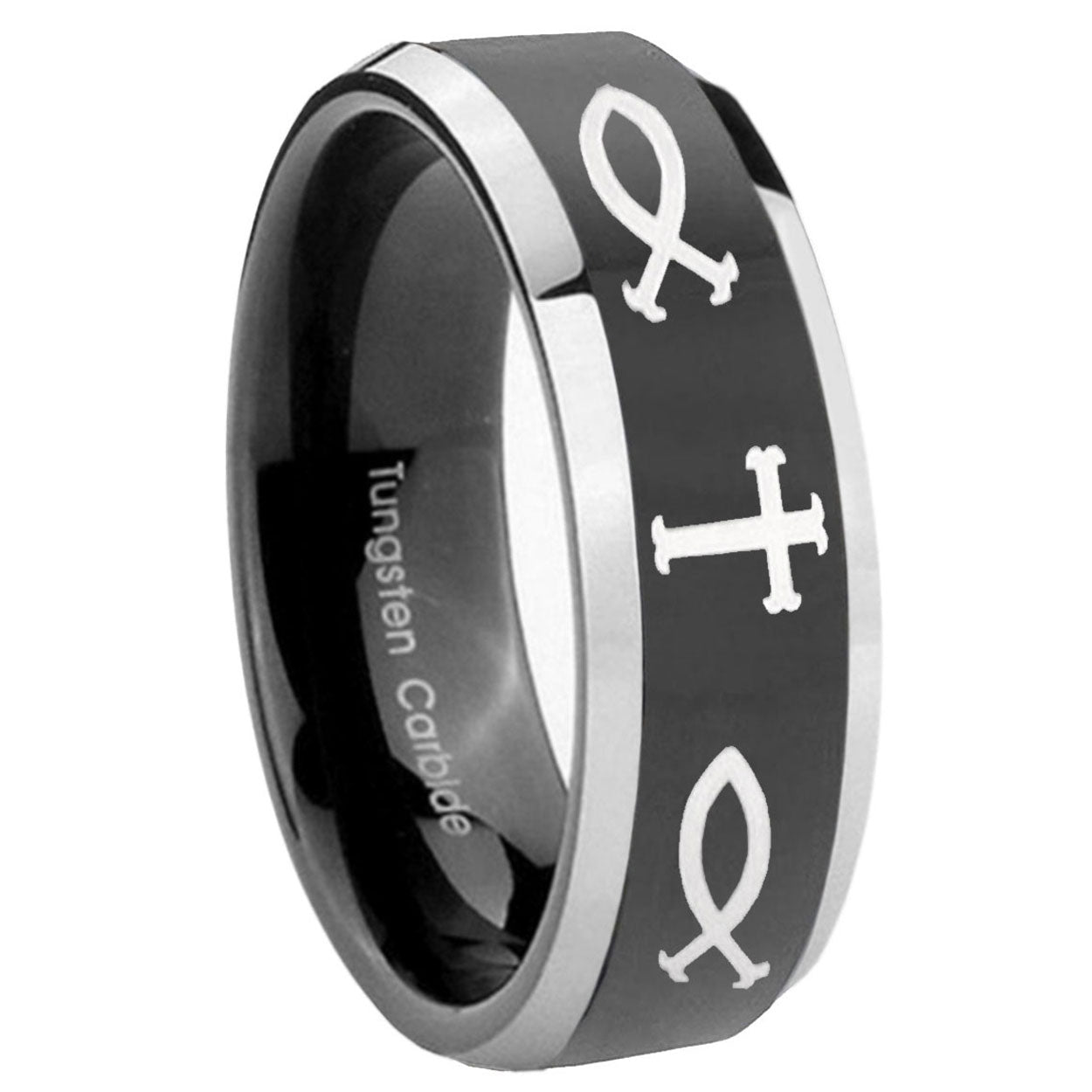 10mm Fish & Cross Beveled Edges Glossy Black 2 Tone Tungsten Mens Wedding Ring