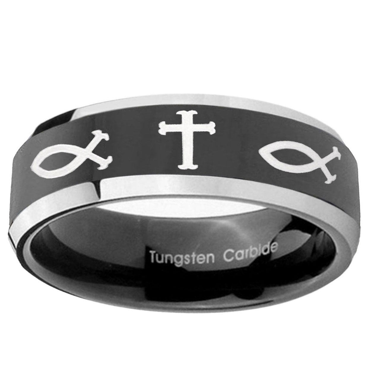 5mm Fish & Cross Beveled Glossy Black 2 Tone Tungsten Ring