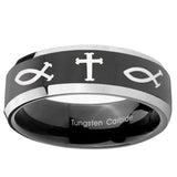10mm Fish & Cross Beveled Edge Glossy Black 2 Tone Tungsten Mens Wedding Ring