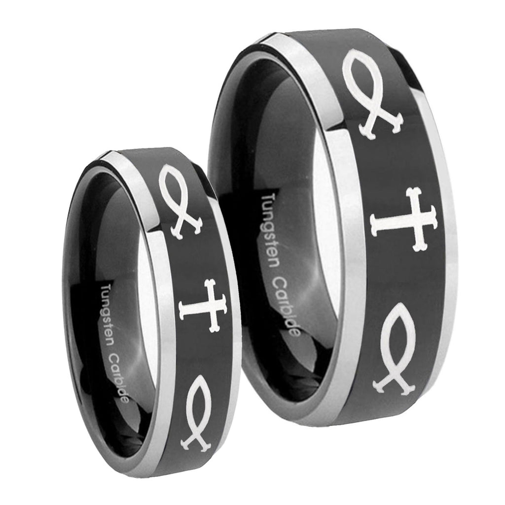 Fish & Cross Beveled Glossy Black 2 Tone Tungsten Couple Wedding Bands