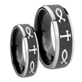 Fish & Cross Beveled Glossy Black 2 Tone Tungsten Couple Wedding Bands