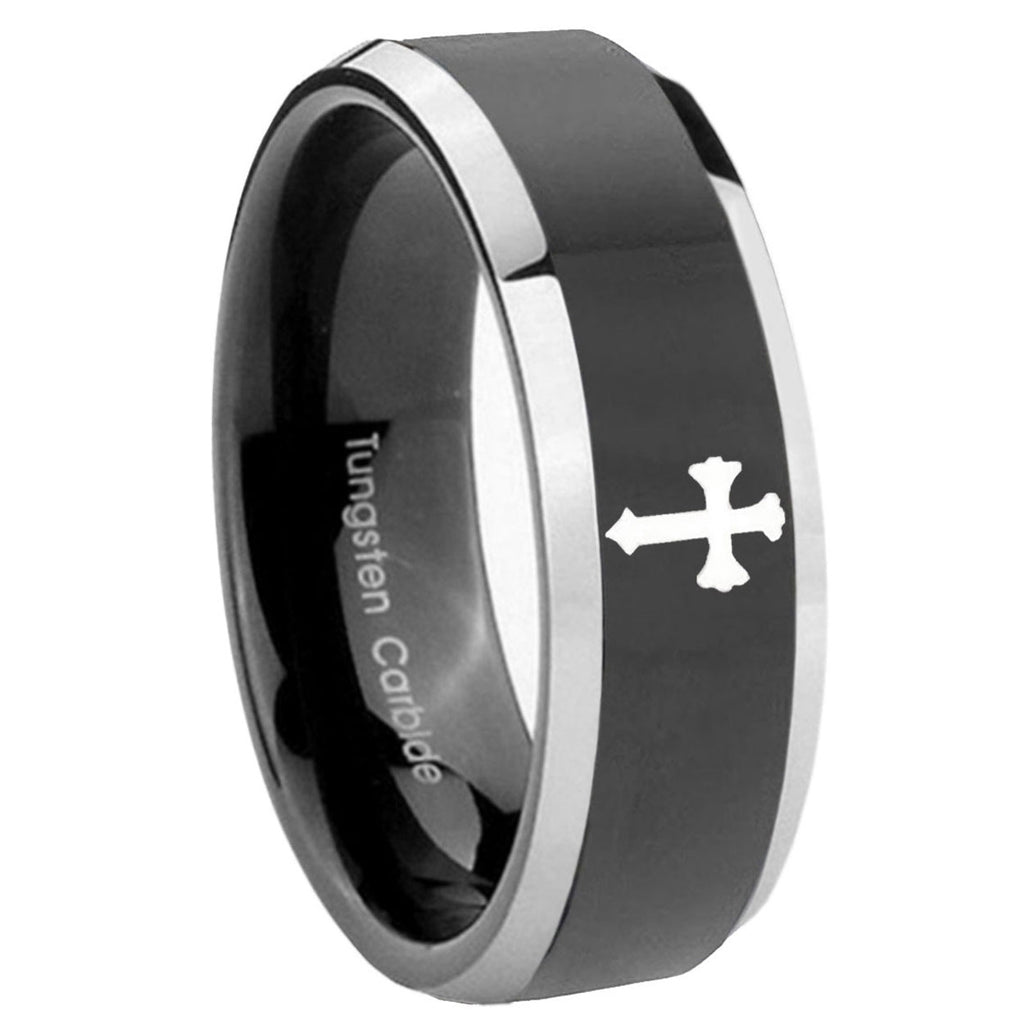 10mm Flat Christian Cross Beveled Glossy Black 2 Tone Tungsten Promise Ring