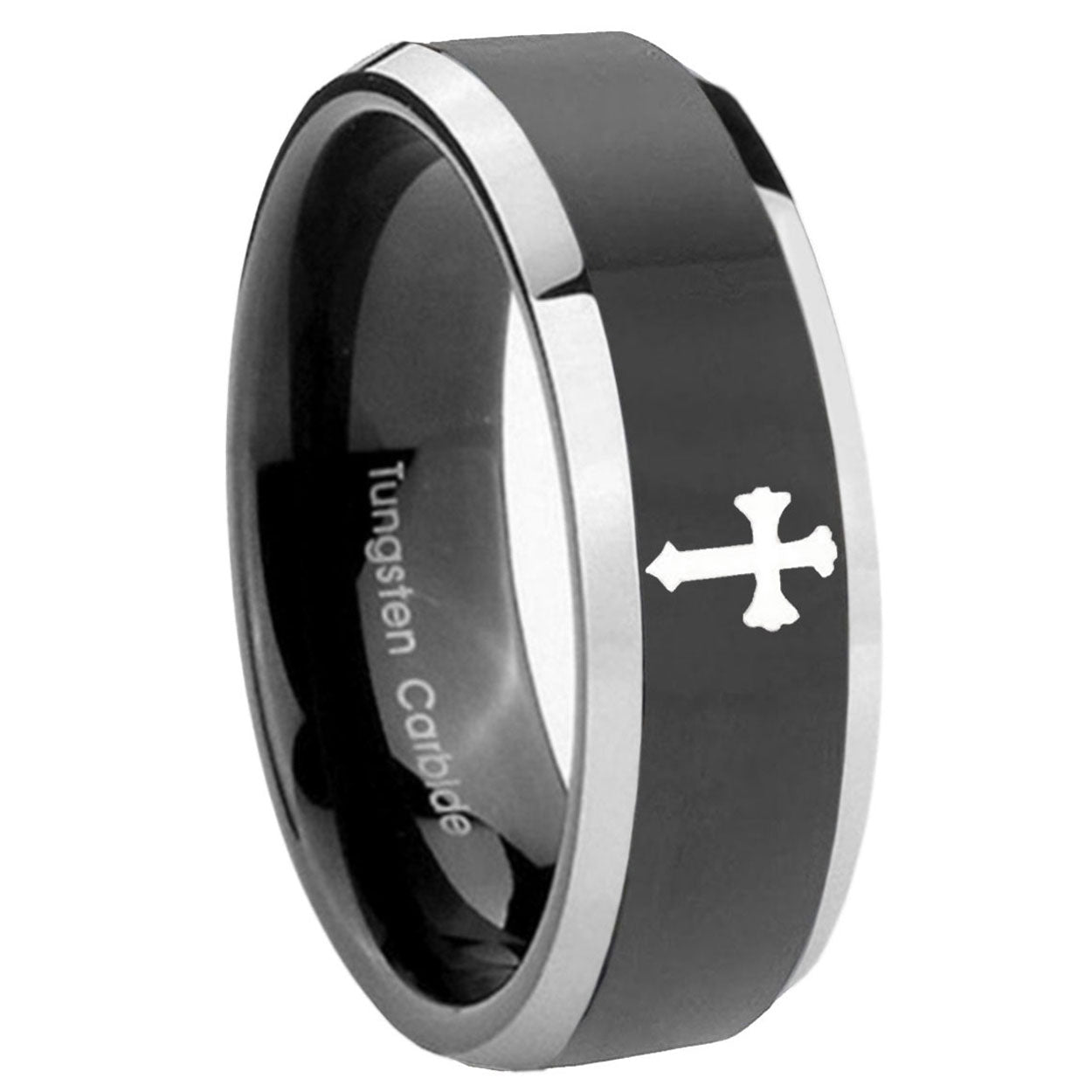 10mm Flat Christian Cross Beveled Glossy Black 2 Tone Tungsten Promise Ring