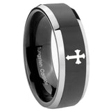 8mm Flat Christian Cross Beveled Glossy Black 2 Tone Tungsten Engagement Ring