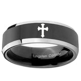 5, 8mm Flat Christian Cross Beveled Glossy Black 2 Tone Tungsten Ring