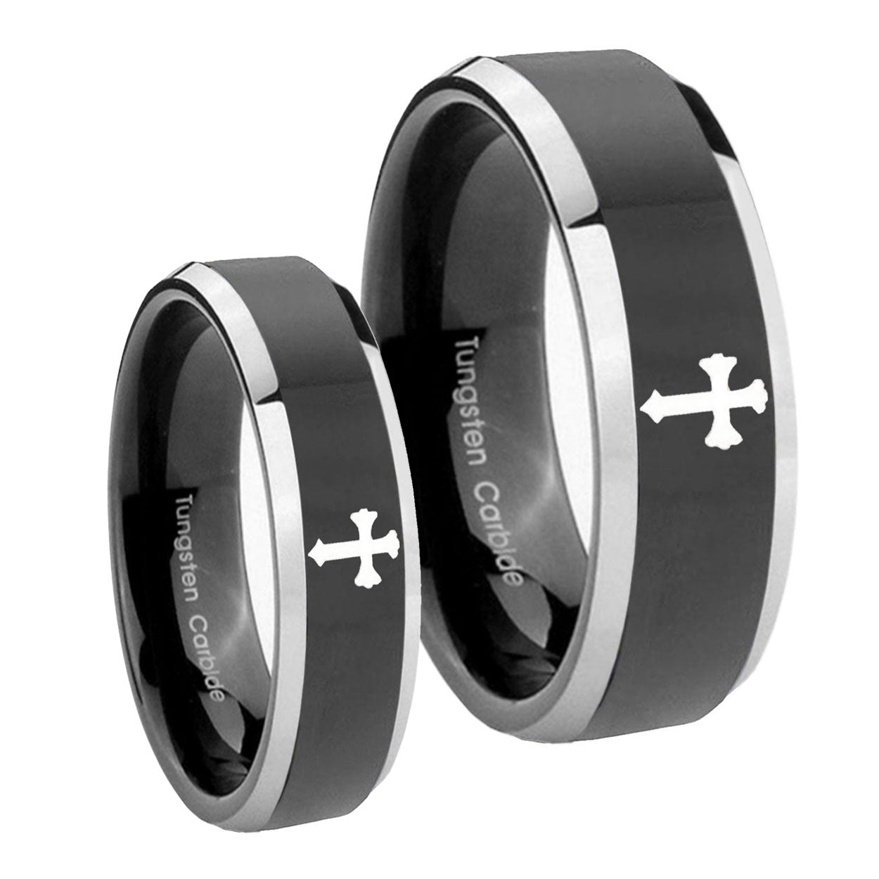 Flat Christian Cross Beveled Glossy Black 2 Tone Tungsten Bridal Set Rings