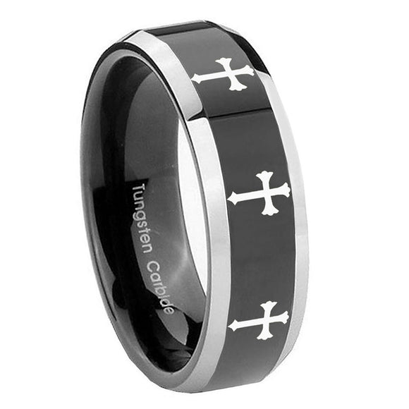 10mm-Multiple-Christian-Cross-Beveled-Glossy-Black-2-Tone-Tungsten-Bands-Ring
