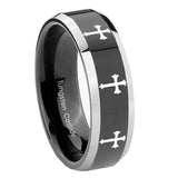 10mm-Multiple-Christian-Cross-Beveled-Glossy-Black-2-Tone-Tungsten-Bands-Ring