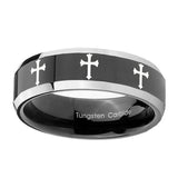 10mm-Multiple-Christian-Cross-Beveled-Glossy-Black-2-Tone-Tungsten-Bands-Ring