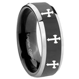 10mm Multiple Christian Cross Beveled Glossy Black 2 Tone Tungsten Bands Ring