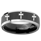 10mm Multiple Christian Cross Beveled Glossy Black 2 Tone Tungsten Bands Ring