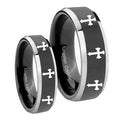 Multiple Christian Cross Beveled Glossy Black 2 Tone Tungsten His Hers Set Rings