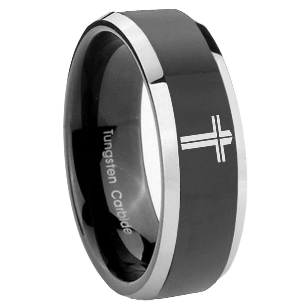 8mm Flat Christian Cross Bevel Glossy Black 2 Tone Tungsten Ring