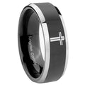 8mm Flat Christian Cross Bevel Glossy Black 2 Tone Tungsten Ring