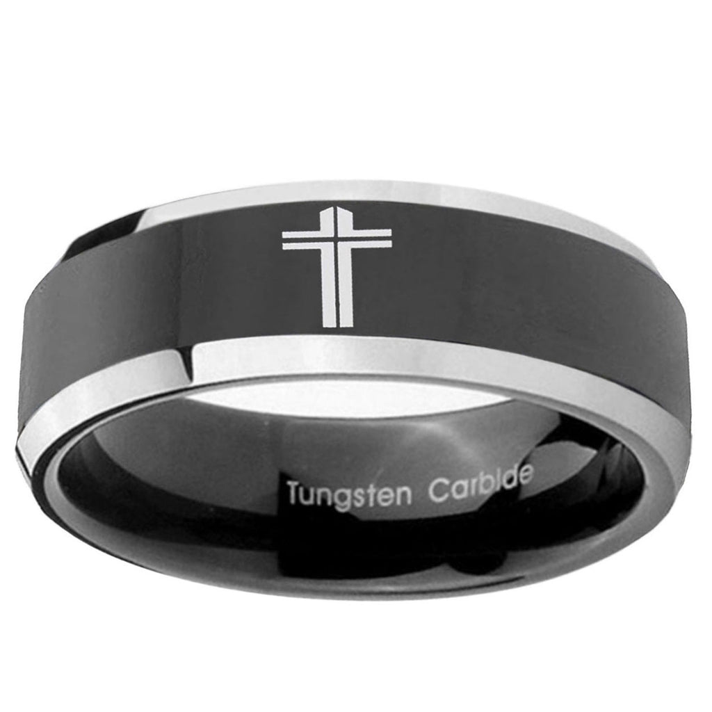 5mm Flat Christian Cross Bevel Glossy Black 2 Tone Tungsten Ring