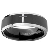 10mm Flat Christian Cross Beveled Glossy Black 2 Tone Tungsten Ring
