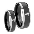 Flat Christian Cross Beveled Glossy Black 2 Tone Tungsten Bridal Ring Sets