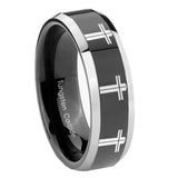 10mm-Multiple-Christian-Cross-Beveled-Glossy-Black-2-Tone-Tungsten-Mens-Ring