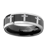 10mm-Multiple-Christian-Cross-Beveled-Glossy-Black-2-Tone-Tungsten-Mens-Ring