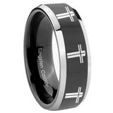 8mm Multiple Christian Cross Beveled Glossy Black 2 Tone Tungsten Men's Ring