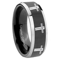 10mm Multiple Christian Cross Beveled Glossy Black 2 Tone Tungsten Mens Ring