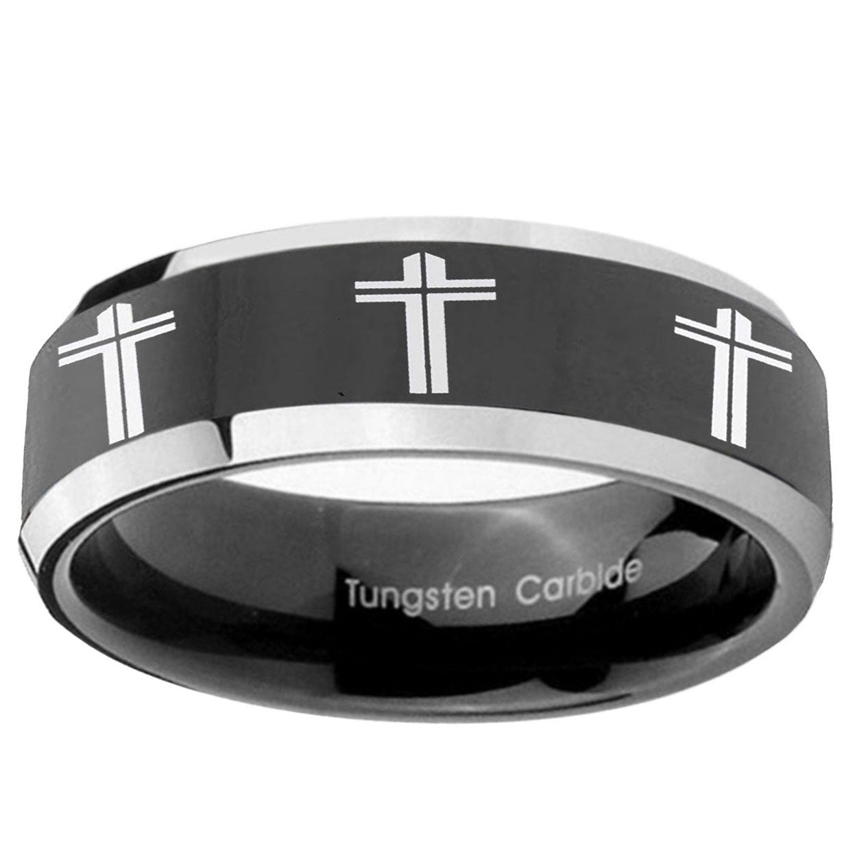 5mm Multiple Christian Cross Bevel Glossy Black 2 Tone Tungsten Ring