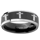 5, 8mm Multiple Christian Cross Beveled Glossy Black 2 Tone Tungsten Men's Ring