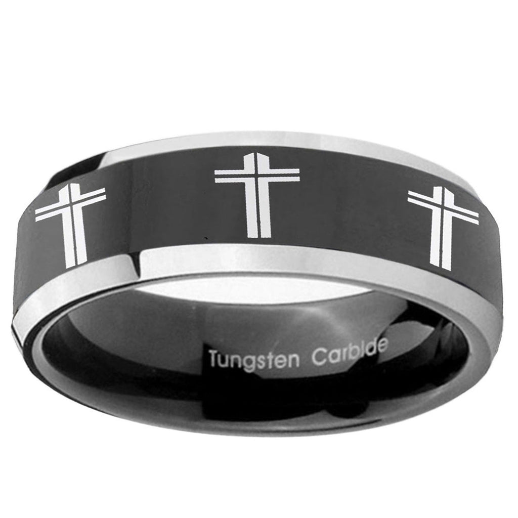 10mm Multiple Christian Cross Beveled Glossy Black 2 Tone Tungsten Mens Ring