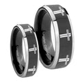 Multiple Christian Cross Beveled Glossy Black 2 Tone Tungsten Mens Set Ring