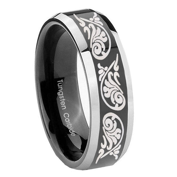 8mm-Etched-Tribal-Pattern-Beveled-Glossy-Black-2-Tone-Tungsten-Engagement-Ring