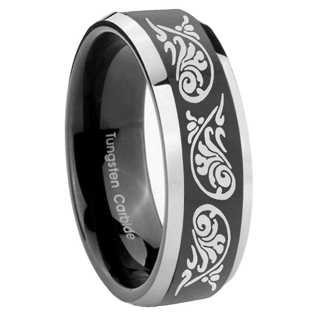 10mm Etched Tribal Pattern Beveled Edges Glossy Black 2 Tone Tungsten Mens Ring