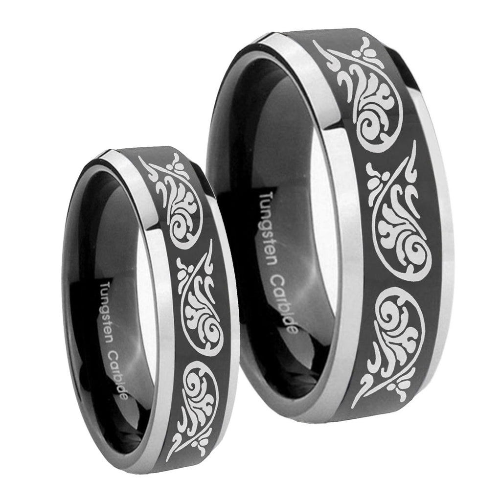 Etched Tribal Pattern Beveled Glossy Black 2 Tone Tungsten Mens Set Rings