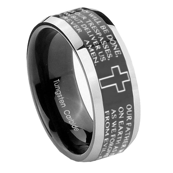 10mm-Bible-Lord's-Prayer-Cross-Beveled-Glossy-Black-2-Tone-Tungsten-Engagement-Ring