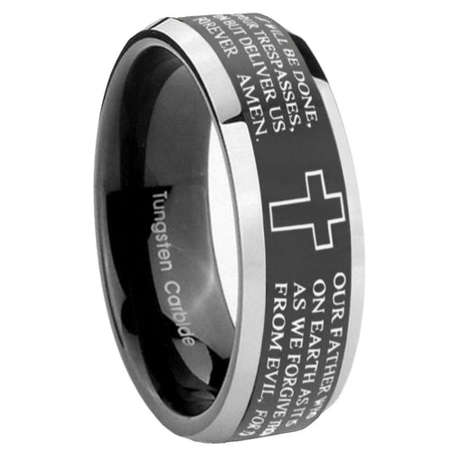 10mm Bible Lord's Prayer Cross Beveled Glossy Black 2 Tone Tungsten Engagement Ring