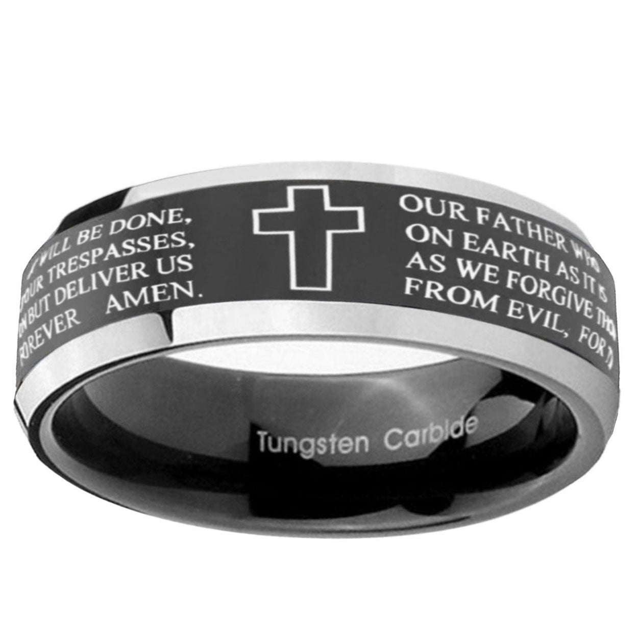 5mm Etched Lord's Prayer Cross Bevel Glossy Black 2 Tone Tungsten Ring