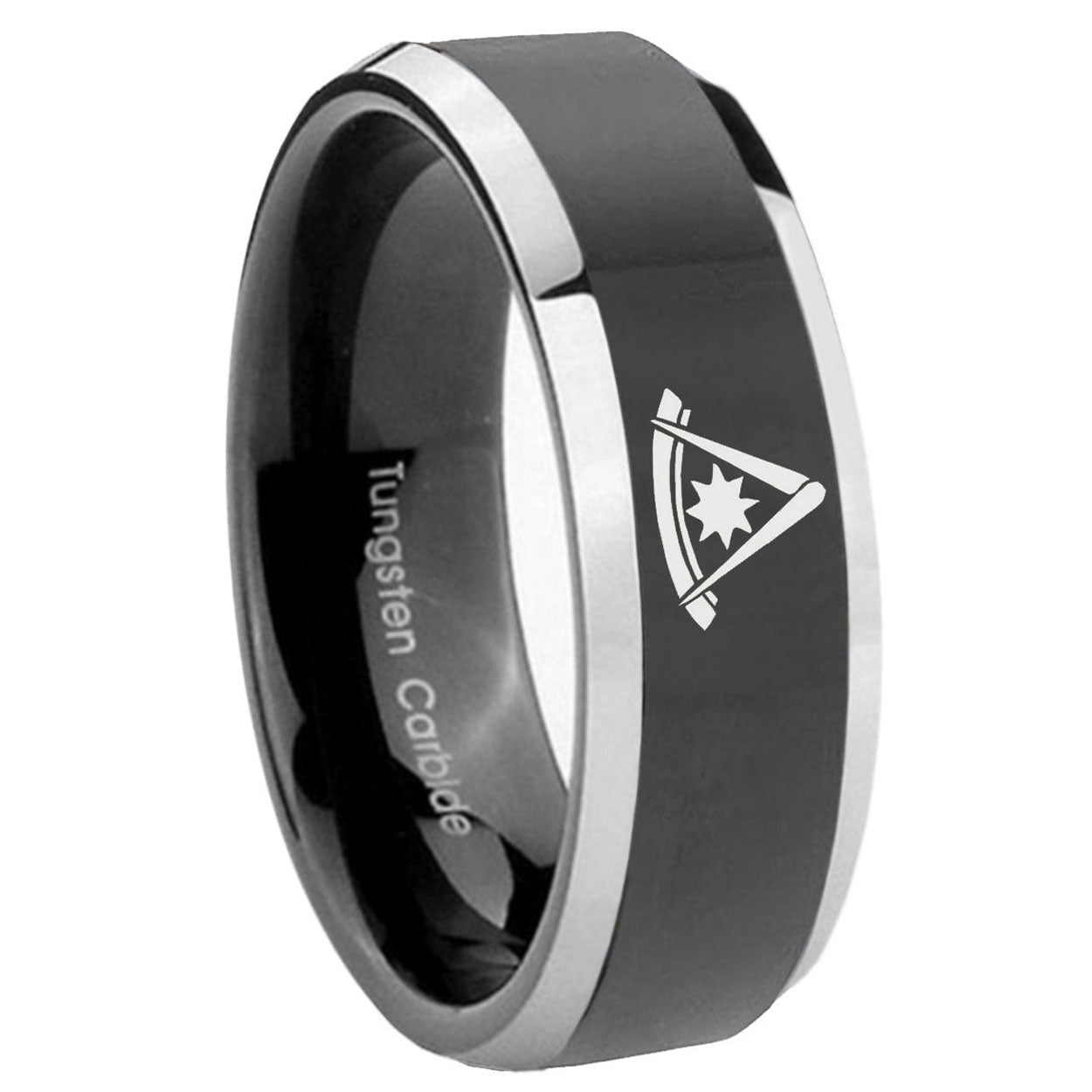 10mm Pester Master Masonic Beveled Glossy Black 2 Tone Tungsten Custom Mens Ring