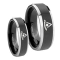 Pester Master Masonic Beveled Glossy Black 2 Tone Tungsten Bridal Ring Sets