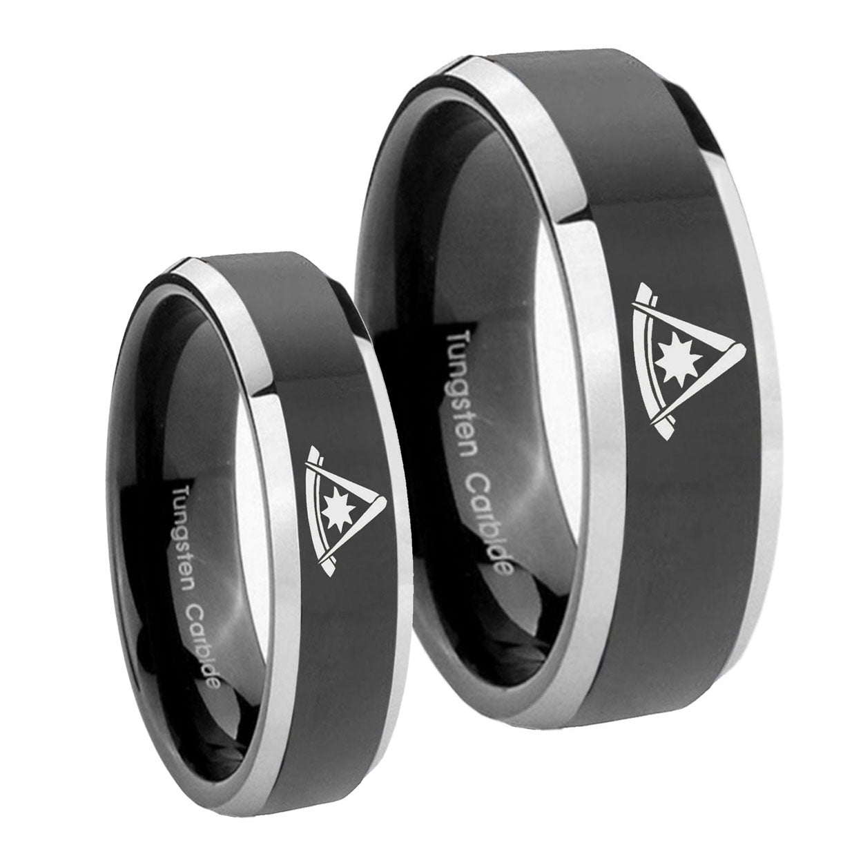 Pester Master Masonic Beveled Glossy Black 2 Tone Tungsten Bridal Ring Sets