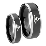 His Hers Pester Master Masonic Beveled Glossy Black 2 Tone Tungsten Mens Ring Set