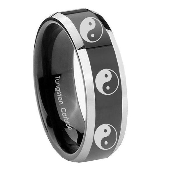 8mm-Multiple-Yin-Yang-Beveled-Glossy-Black-2-Tone-Tungsten-Mens-Engagement-Band