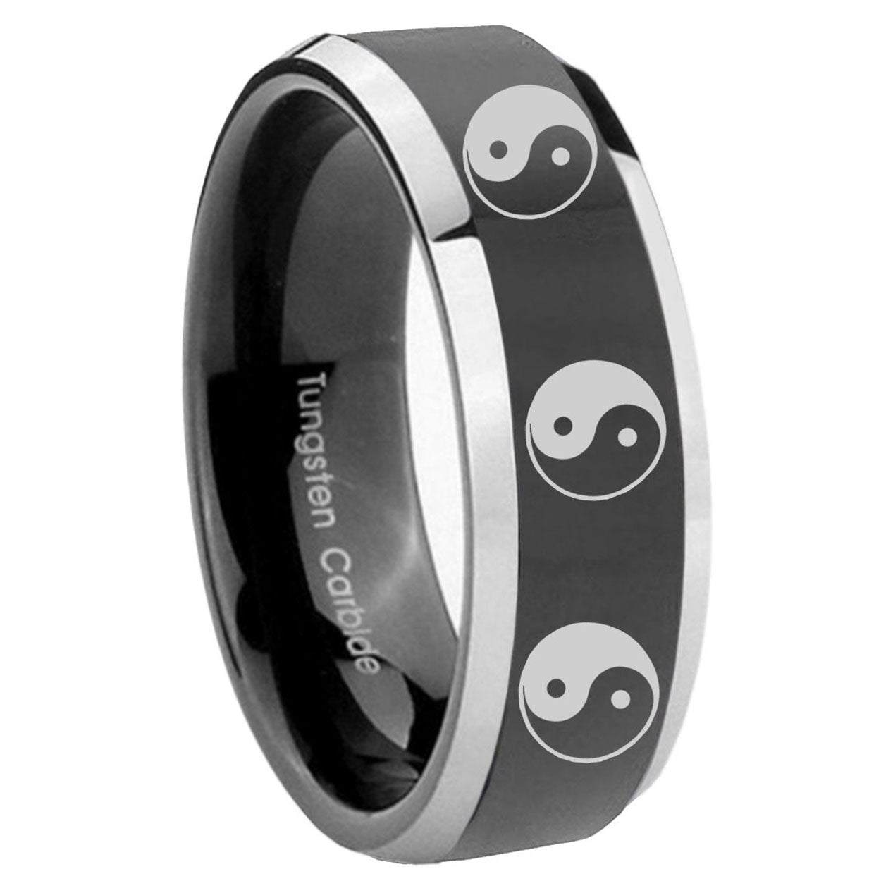 8mm Multiple Yin Yang Bevel Glossy Black 2 Tone Tungsten Ring