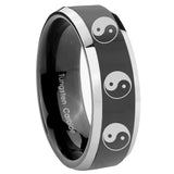 His Hers Multiple Yin Yang Beveled Glossy Black 2 Tone Tungsten Ring Set