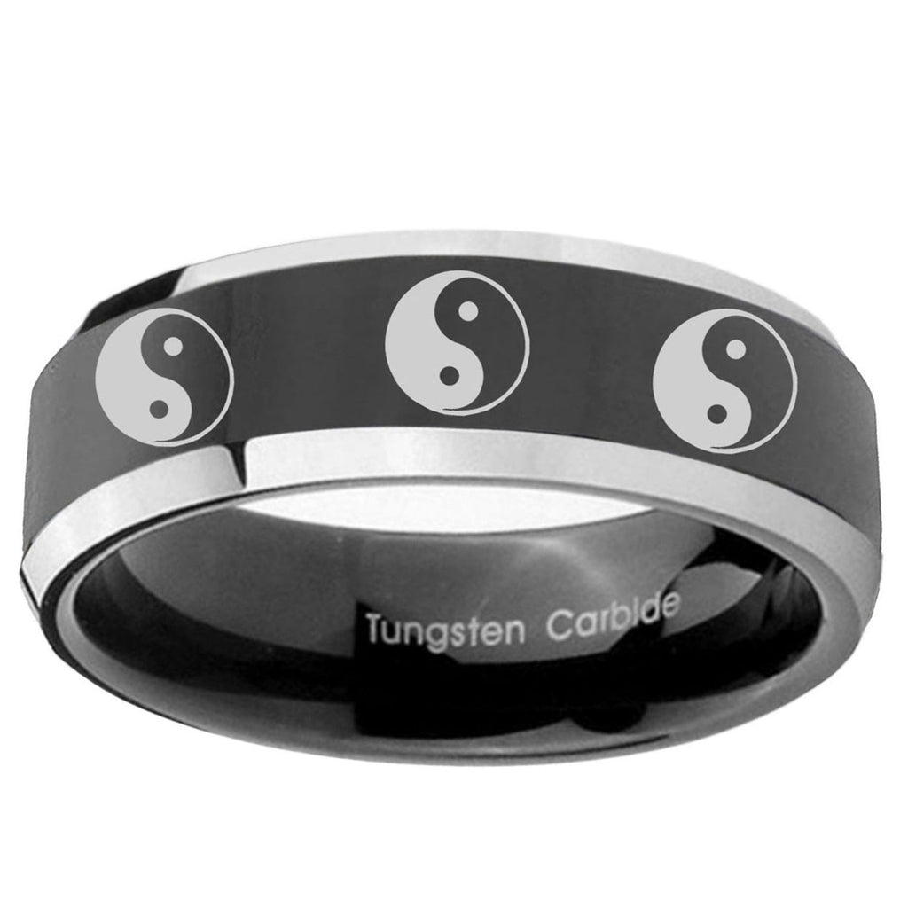 5mm Multiple Yin Yang Bevel Glossy Black 2 Tone Tungsten Ring