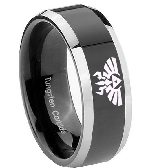 8mm-Zelda-Skyward-Sword-Beveled-Glossy-Black-2-Tone-Tungsten-Engraved-Ring