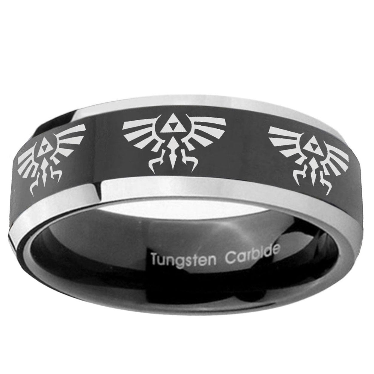 10mm Multiple Zelda Skyward Sword Beveled Glossy Black 2 Tone Tungsten Mens Ring