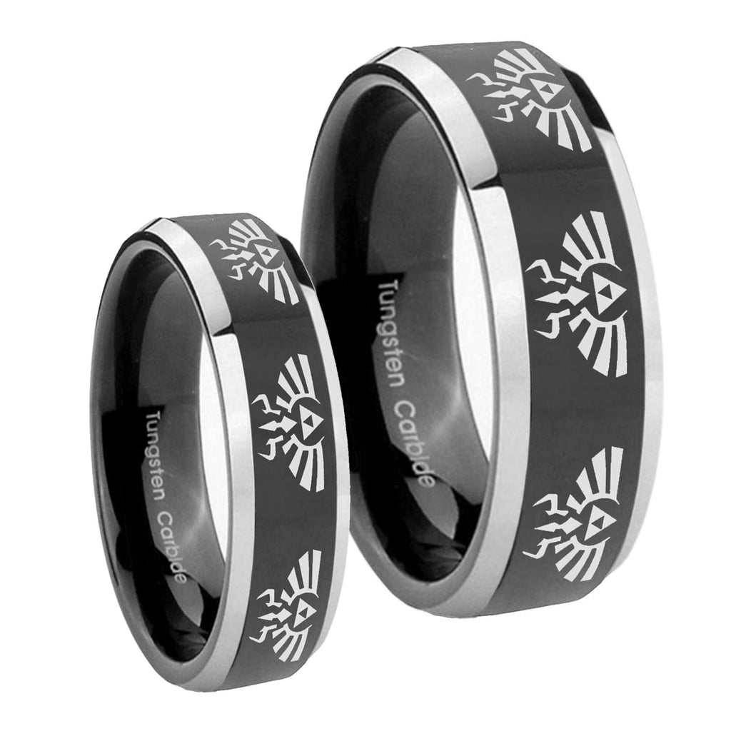 Multiple Zelda Skyward Sword Beveled Glossy Black 2 Tone Tungsten Bridal Ring Set