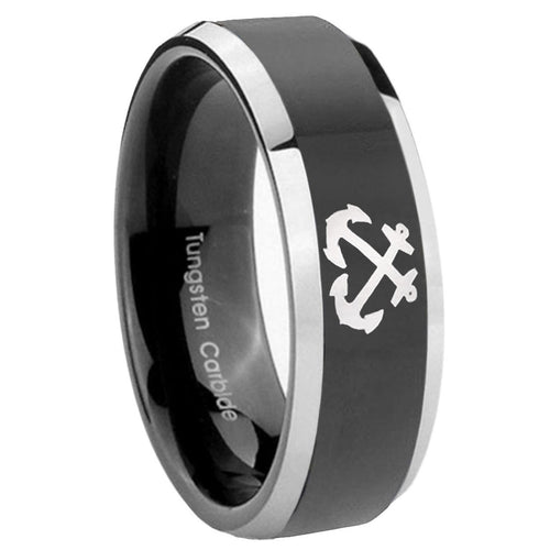 10mm Anchor Beveled Edges Glossy Black 2 Tone Tungsten Carbide Anniversary Ring
